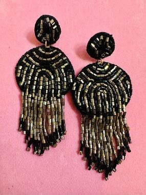 Black Beaded Fringe Earrings